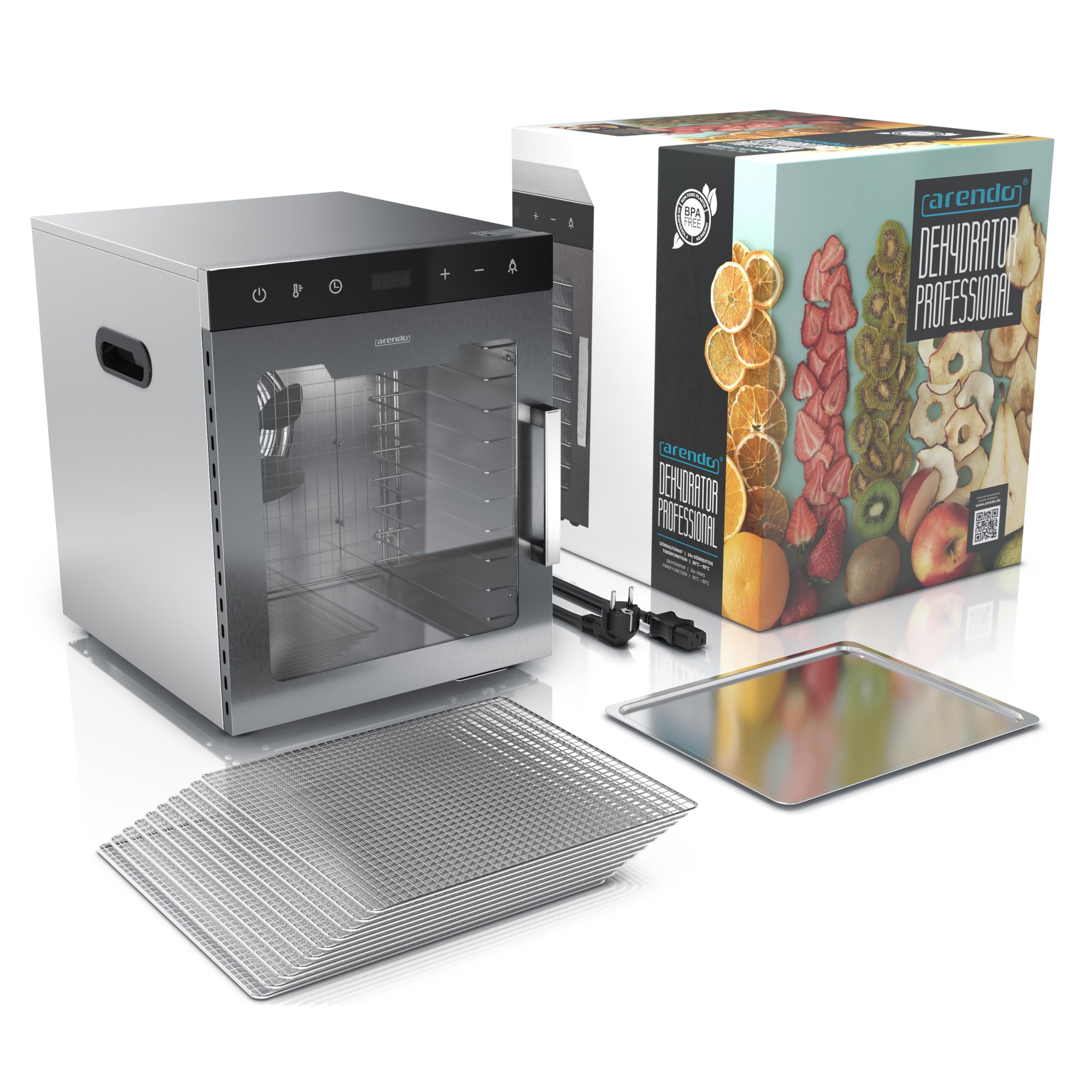 Arendo - Stainless steel dehydrator 8-fold - 500 watts with temperature control - dehydrator for food meat fruits fruit mushrooms - timer up to 24 hours - 8 compartments - GS - dehydratoro