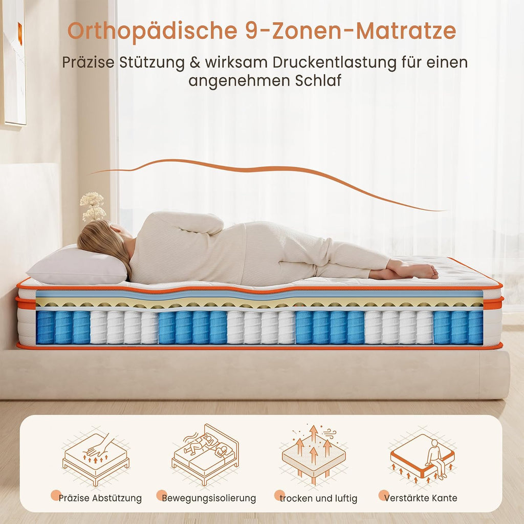TeQsli 9-Zonen Matratze 140x200 cm H3 mittelfest 25cm Höhe, Ergonomische Taschenfederkernmatratze mit Gel Memory Schaum, Rücken- & Druckentlastung, Atmungsaktiver Bezug Öko-Tex & CertiPUR zertifiziert