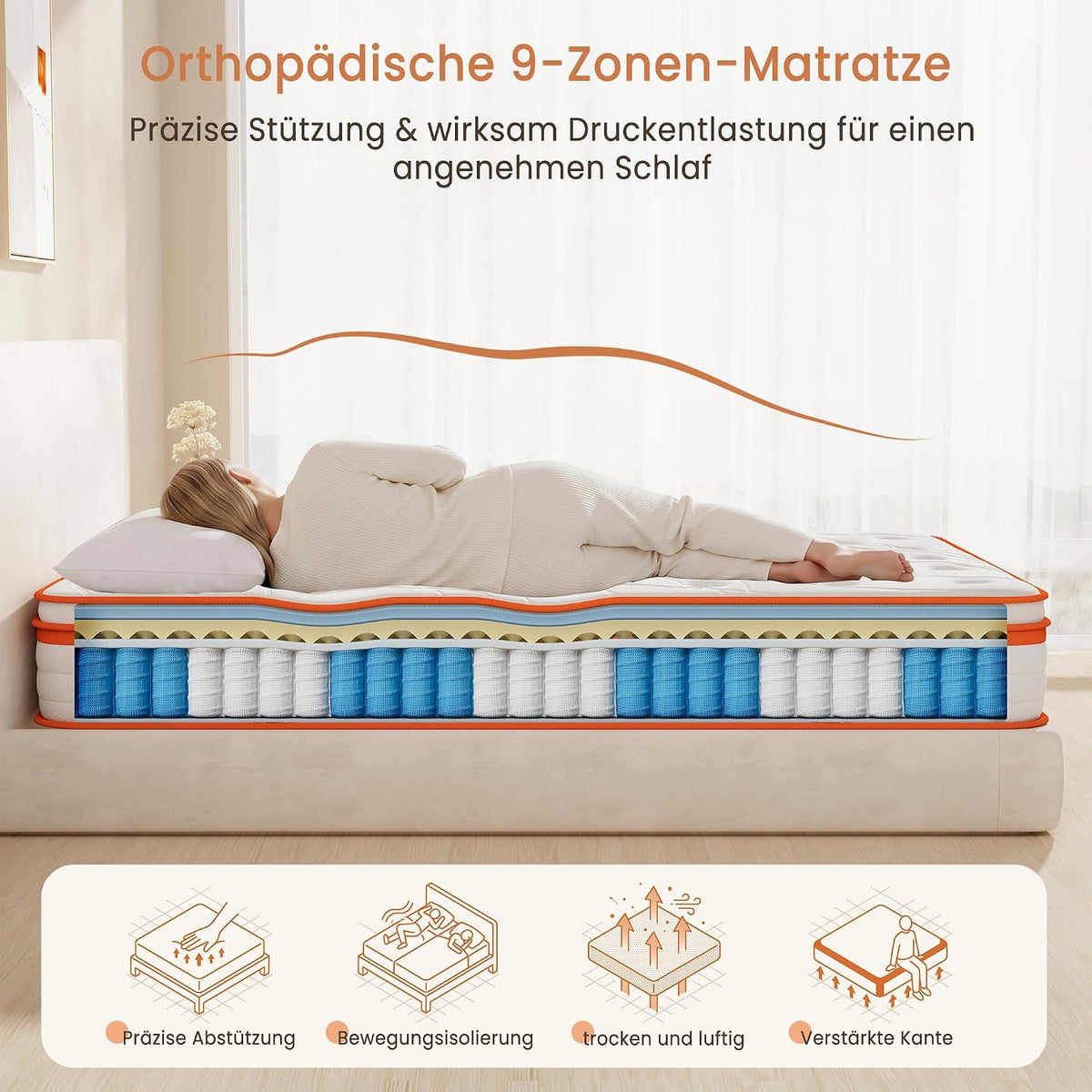 TeQsli 9-Zonen Matratze 140x200 cm H3 mittelfest 25cm Höhe, Ergonomische Taschenfederkernmatratze mit Gel Memory Schaum, Rücken- & Druckentlastung, Atmungsaktiver Bezug Öko-Tex & CertiPUR zertifiziert
