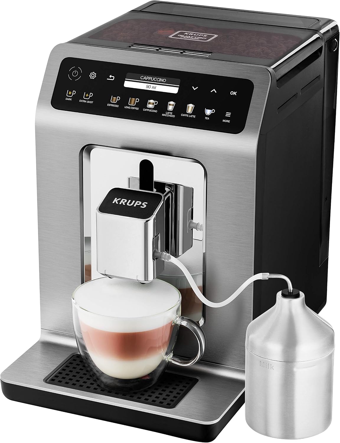 Krups Evidence Plus Kaffeevollautomat mit Milchschlauch, 19 Getränke, 2-Tassen-Funktion, Farbdisplay, Kaffeemaschine, TÜV-Siegel, Silber, EA894T10, Titanium-metallic