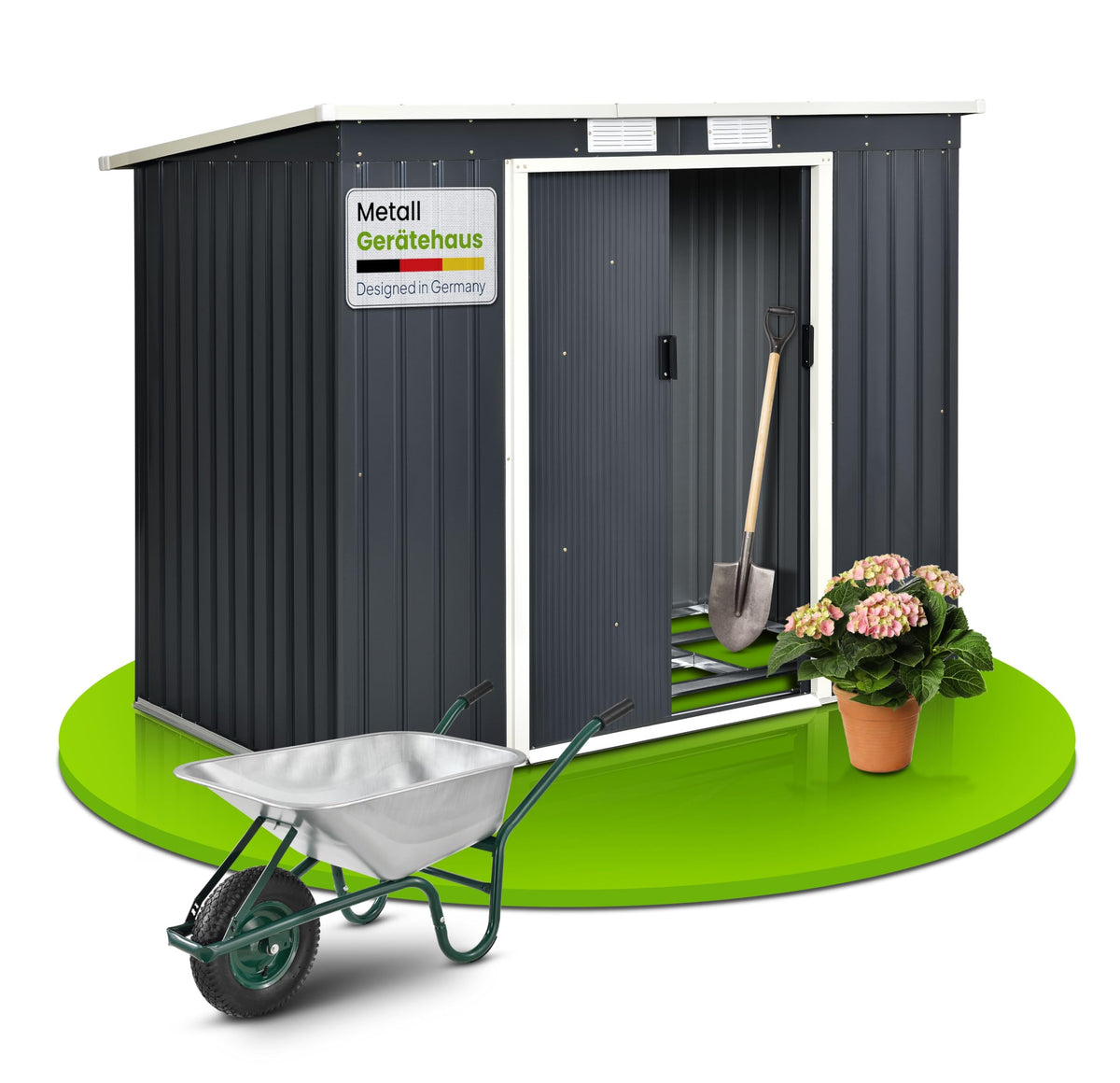 Juskys Geräteschuppen Metall XL – Gartenhaus & Gerätehaus mit Schiebetür, Fundamentrahmen & Schloss, wetterfester Gartenschrank zur Aufbewahrung – Dunkelgrau