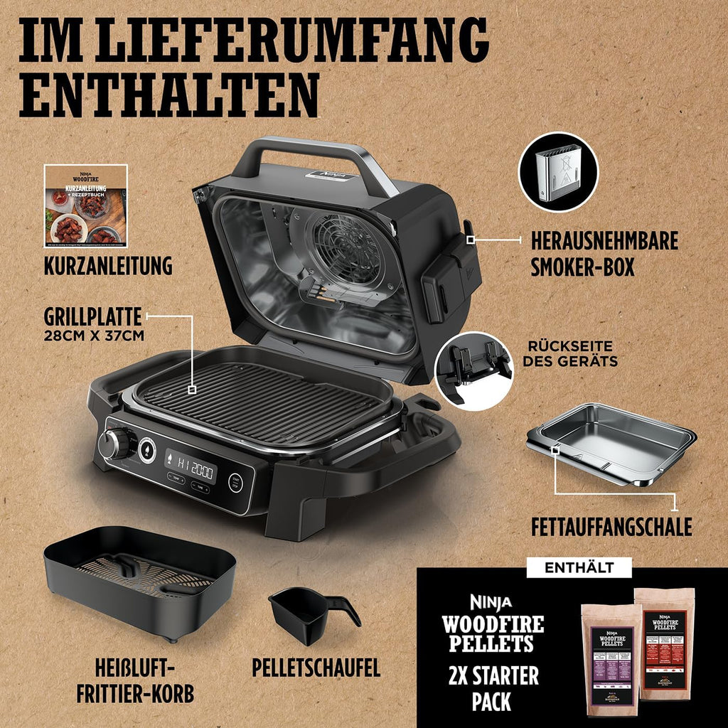 Ninja Woodfire Elektrogrill, Camping-Grill mit Smoker-& Heißluftfritteuse, 7-in-1-Outdoor Grill, räuchern, braten, backen, wetterfest, antihaftbeschichtet, tragbar, Grau/Schwarz OG701EU