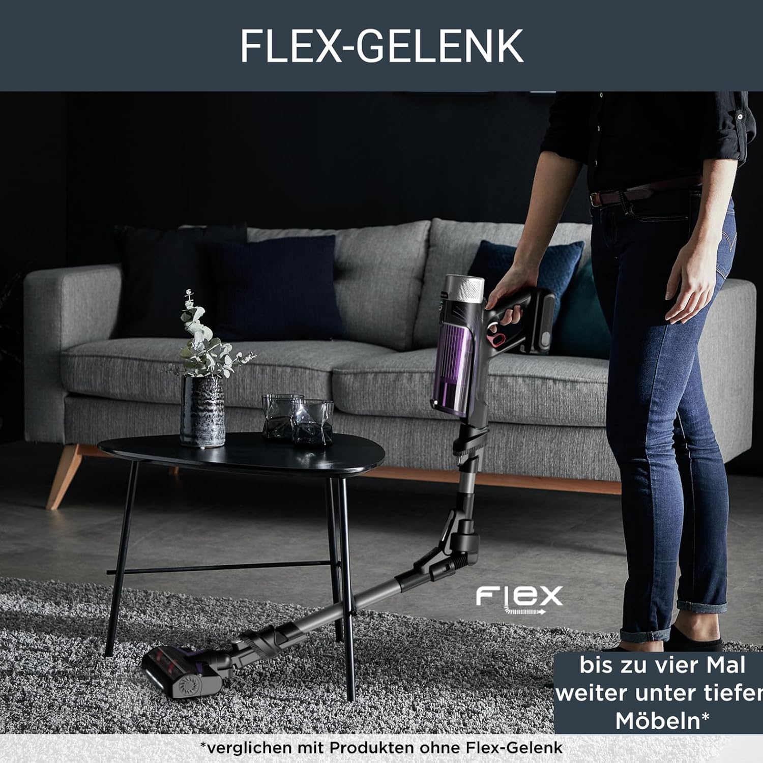Rowenta X-Force Flex 9.60 Allergy kabelloser Akku-Stabstaubsauger, 100 Air Watt, herausnehmbarer Akku, bis zu 45 Min. Laufzeit, kompakt, Flex-Gelenk, LED-Düse, Lila-Schwarz, RH2038