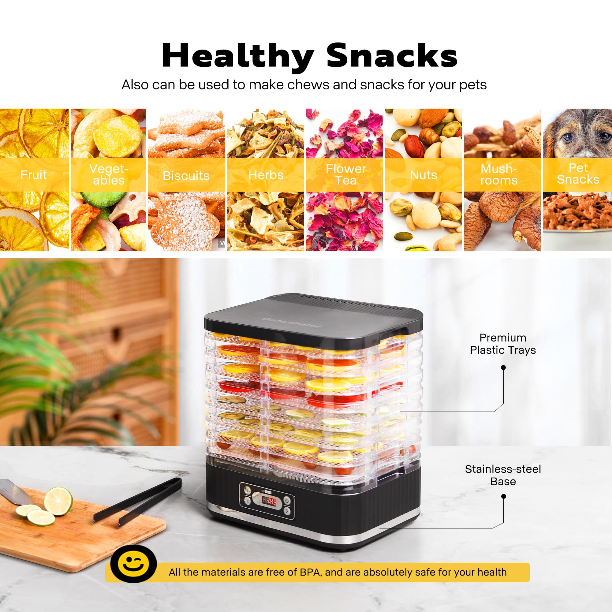 VIVOHOME Dörrautomat mit 8 Einlegefächern 400W BPA frei Dörrgerät mit Temperaturregler von 35°C bis 70°C inkl.72H Timer und Rezept für Fleisch,Obst,Haustier-Leckereieneo