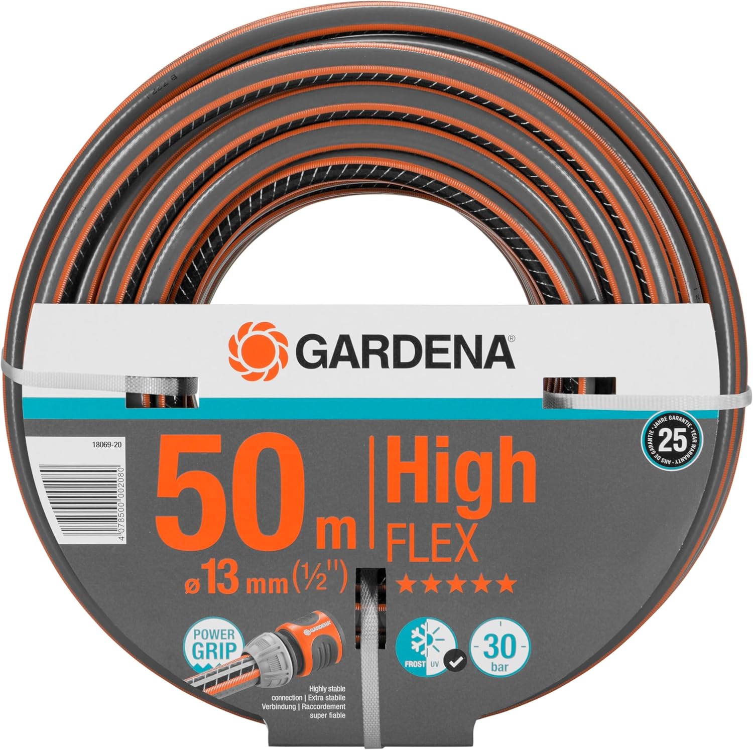Gardena Comfort HighFLEX Schlauch 13 mm (1/2 Zoll), 50 m: Gartenschlauch mit Power-Grip-Profil, 30 bar Berstdruck, formstabil, UV-beständig, verpackt (18069-20), Grau/Orange