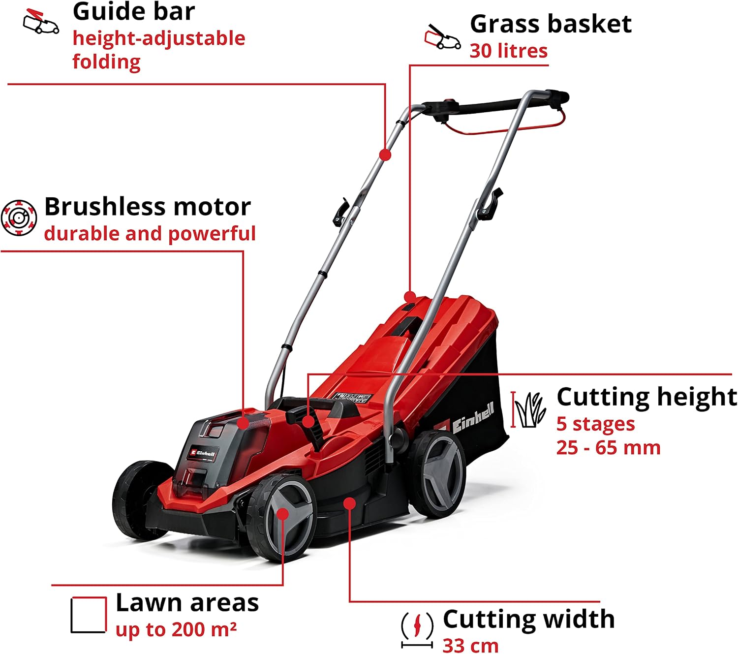 Einhell Cordless Lawnmower with Battery and Charger 18V PXC | 33cm Cutting Width, Brushless Motor, 30L Grass Box, 5 Cutting Heights GE-CM 18/33 Li Battery Lawn Mower