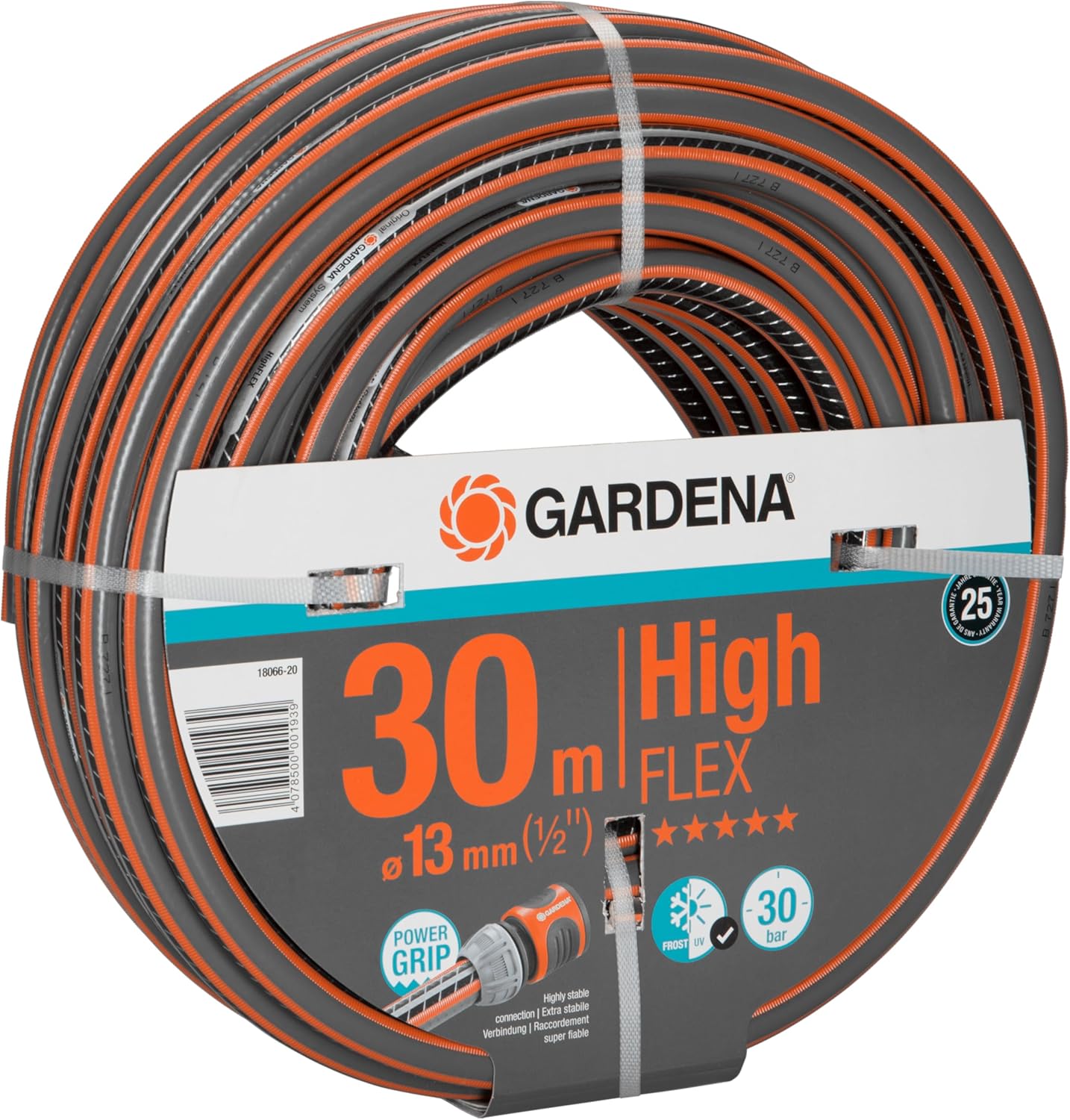 Gardena Comfort HighFLEX Schlauch 13 mm (1/2 Zoll), 30 m: Gartenschlauch mit Power-Grip-Profil, 30 bar Berstdruck, formstabil, UV-beständig (18066-20), grau, orange