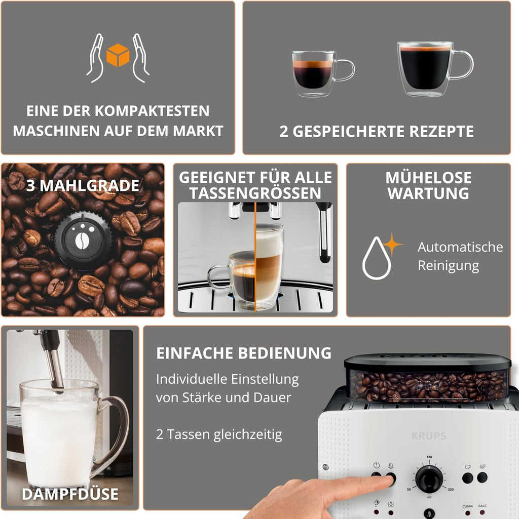 KRUPS Arabica Picto Kaffeevollautomat, kompaktes Design, einfache Bedienung, intuitiv einstellbarer Drehregler, Milchschaumdüse, 2-Tassen-Funktion, Kaffeemaschine, Weiß, EA810570