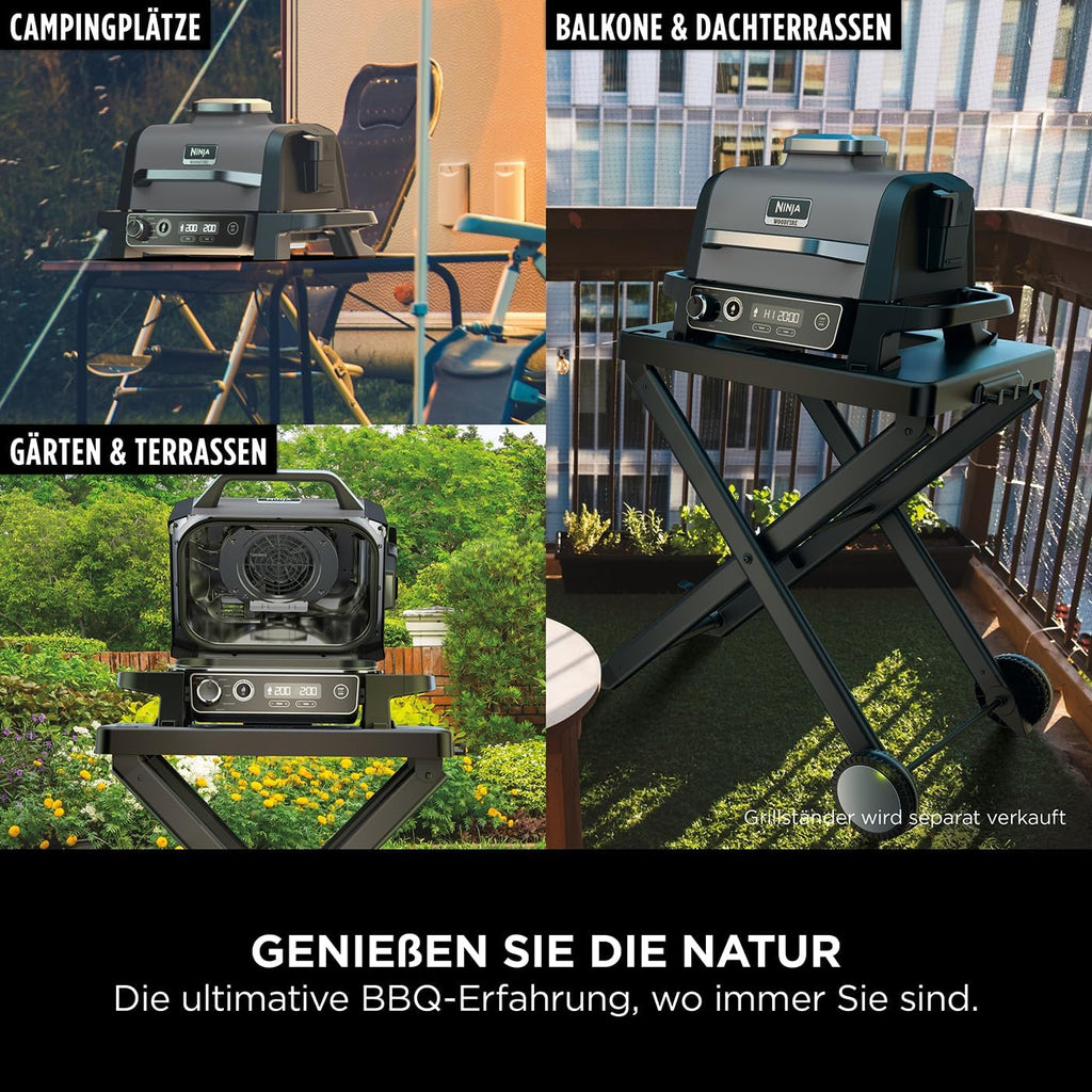 Ninja Woodfire Elektrogrill, Camping-Grill mit Smoker-& Heißluftfritteuse, 7-in-1-Outdoor Grill, räuchern, braten, backen, wetterfest, antihaftbeschichtet, tragbar, Grau/Schwarz OG701EU