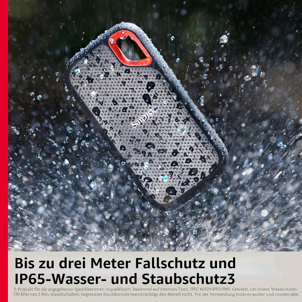 SANDISK Extreme Portable SSD 1 TB (tragbare NVMe SSD, USB-C, bis zu 1.050 MB/s Lesen, bis 1.000 MB/s Schreiben, Wasser- und staubbeständig) Schwarz