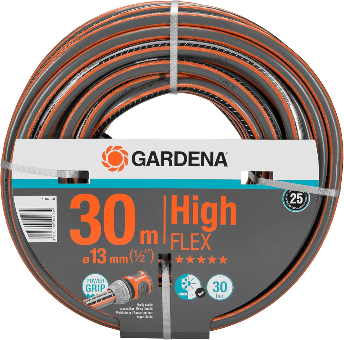 Gardena Comfort HighFLEX Schlauch 13 mm (1/2 Zoll), 30 m: Gartenschlauch mit Power-Grip-Profil, 30 bar Berstdruck, formstabil, UV-beständig (18066-20), grau, orange