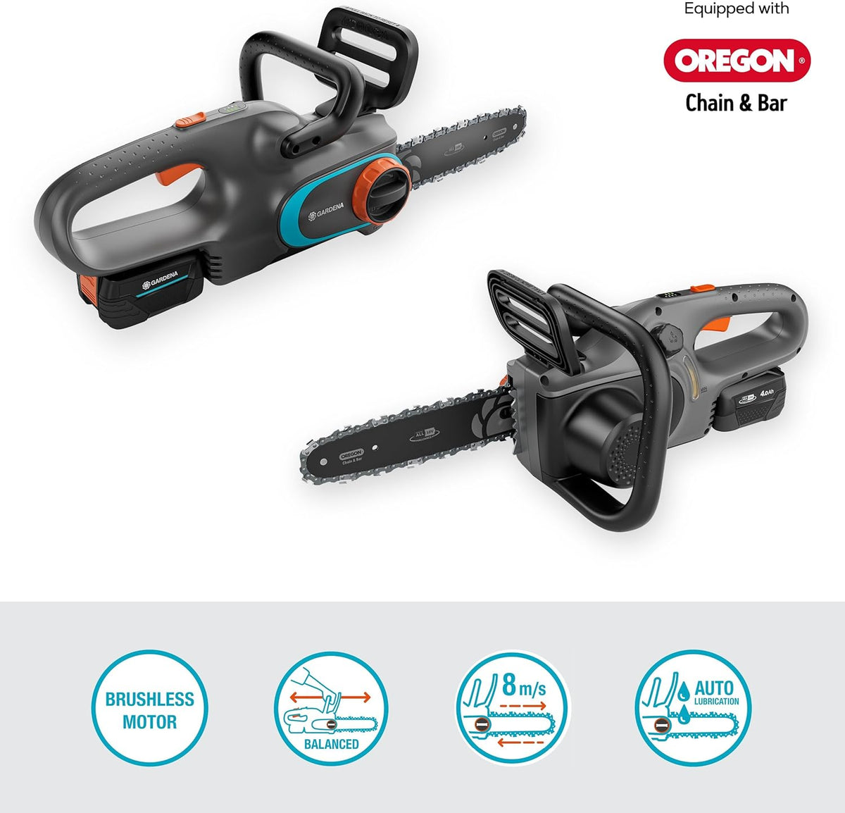 Gardena Akku-Kettensäge PowerSaw 250/18V P4A Ready-To-Use Set: Oregon Kette, Ergonomisch, Geräuscharm, Kettenbremse, Kabellos (14790-20)