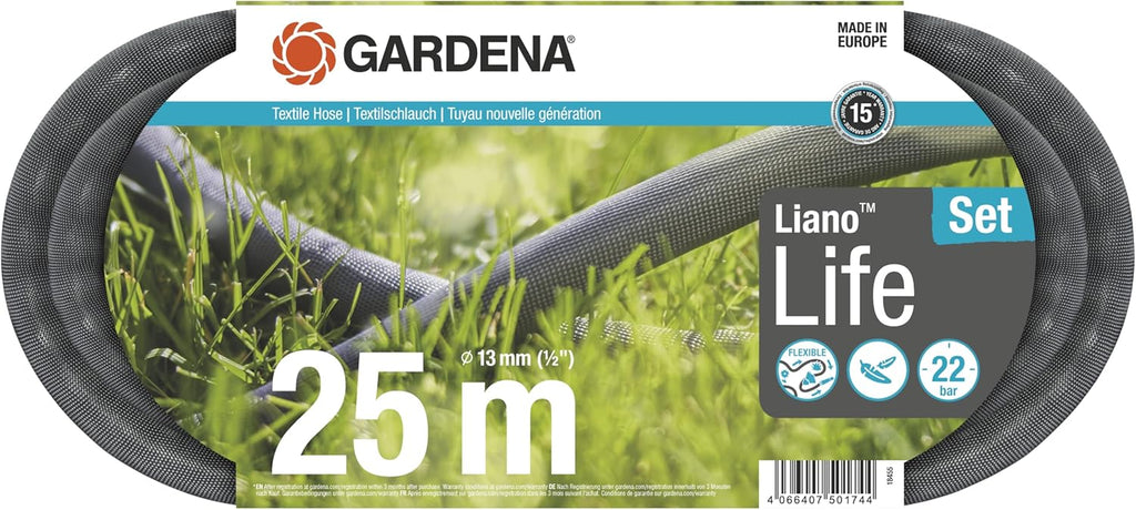 Gardena Liano Life Textilschlauch 1/2 Zoll, 25m Set: Hochflexibler Gartenschlauch aus Textilgewebe, mit PVC-Innenschlauch, kein Abknicken, leichtgewichtig, wetterbeständig (18455-20),Multicolor