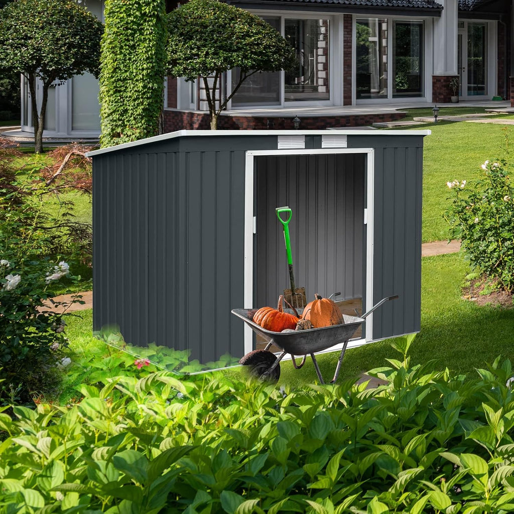 HATTORO P100 Gartenhaus mit Pultdach, Geräteschuppen 213x130x173cm, Gerätehaus mit 2 Schiebetüren, Belüftungsgitter & Metall-Rahmen, Modernes Grau/Anthrazit, Verzinkter Stahl