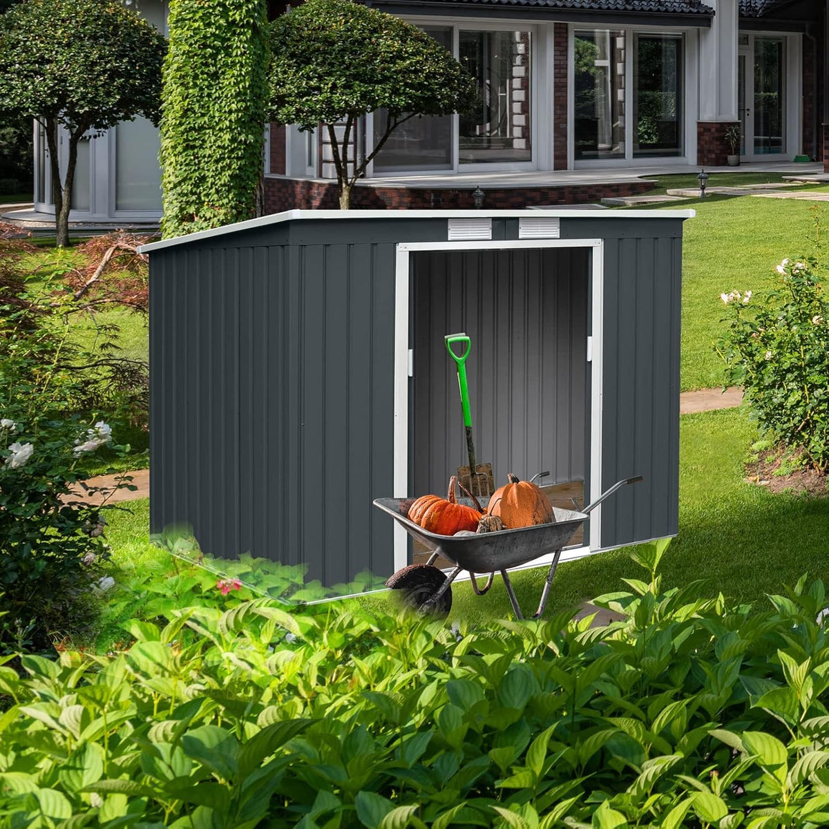 HATTORO P100 Gartenhaus mit Pultdach, Geräteschuppen 213x130x173cm, Gerätehaus mit 2 Schiebetüren, Belüftungsgitter & Metall-Rahmen, Modernes Grau/Anthrazit, Verzinkter Stahl