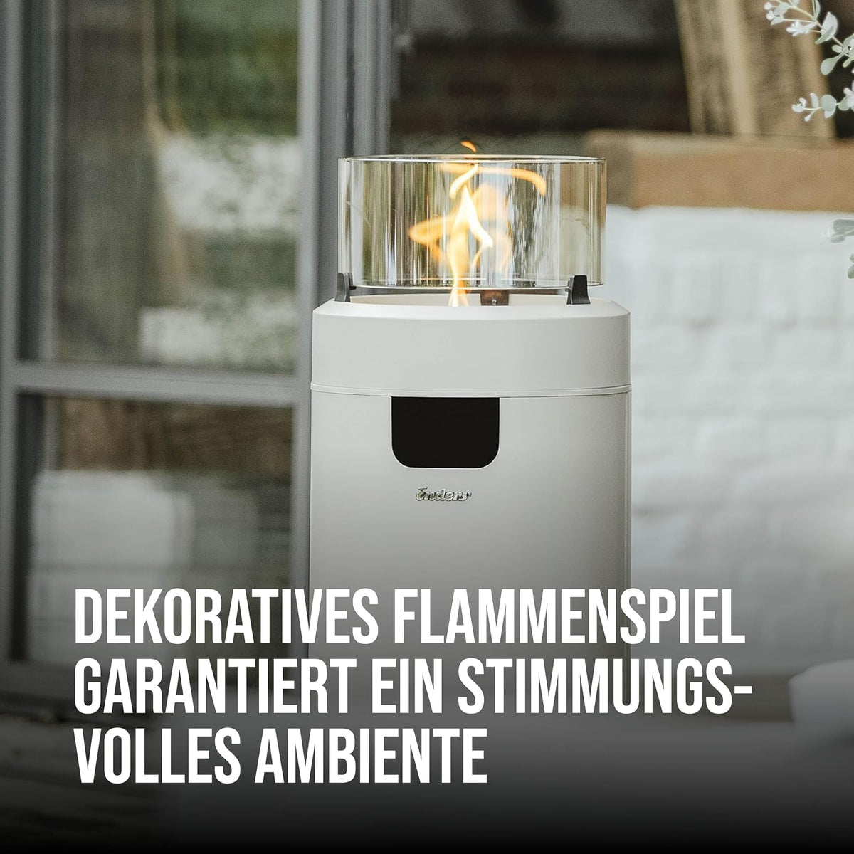 Enders Terrassenfeuer NOVA LED M TAUPE, Gas Terrassenfeuer mit Ambientebeleuchtungen, ECO GREEN Brenner-Technologie und exzellentem Design, H88cm Ø 62cm, taupe/gold #5602