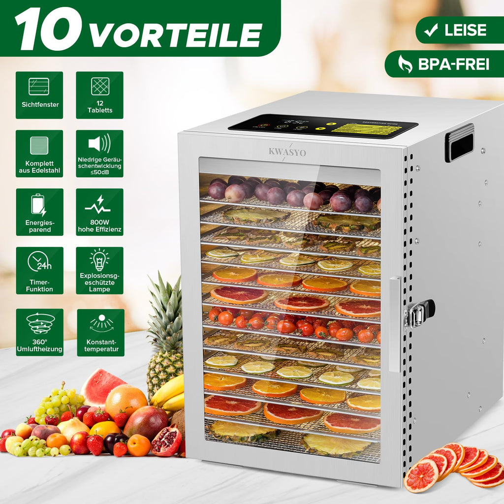 Kwasyo Dehydrator Stainless Steel, Double Fan 360° Efficient Dry, Dehydrator 12 Levels, 20-90°C Temperature Control, 24 Hour Timer, Overheating Protection, Recipe Book for Meat, Fruit, Vegetables,o