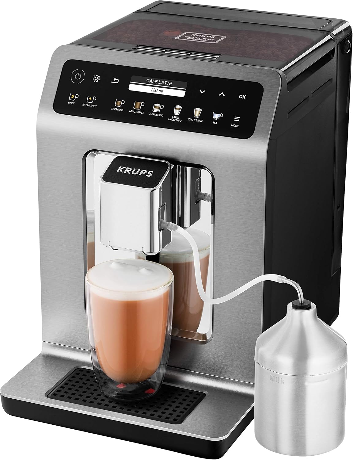 Krups Evidence Plus Kaffeevollautomat mit Milchschlauch, 19 Getränke, 2-Tassen-Funktion, Farbdisplay, Kaffeemaschine, TÜV-Siegel, Silber, EA894T10, Titanium-metallic