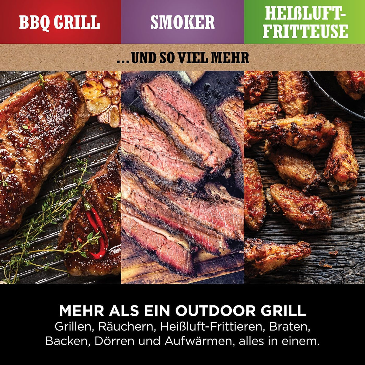 Ninja Woodfire Elektrogrill, Camping-Grill mit Smoker-& Heißluftfritteuse, 7-in-1-Outdoor Grill, räuchern, braten, backen, wetterfest, antihaftbeschichtet, tragbar, Grau/Schwarz OG701EU
