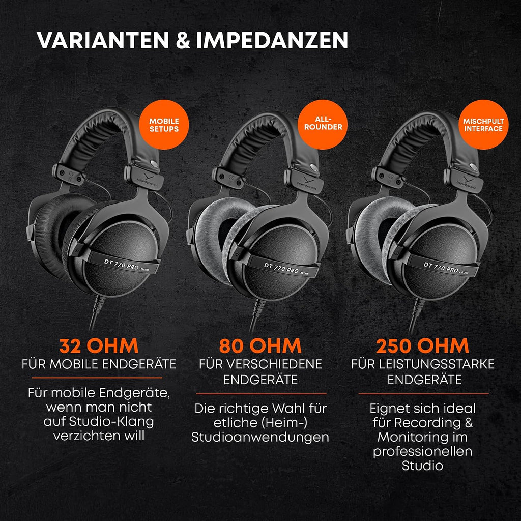 Beyerdynamic DT 770 PRO Over-Ear Studio Headphones in Black Closed design, wired for professional recording and monitoring. | Closed design, 80 ohm impedance, bass reflex system, velour ear pads, interchangeable parts, made in Germany