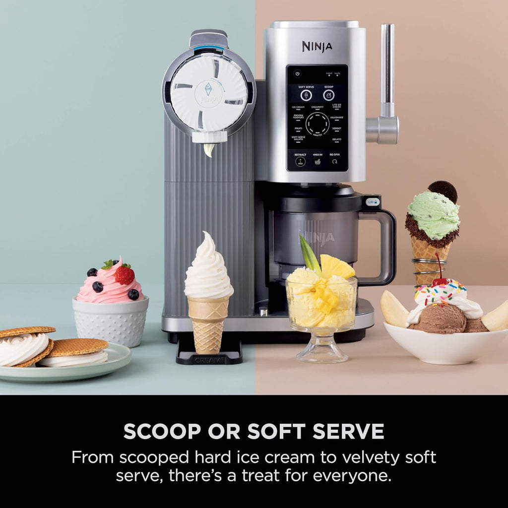 Ninja CREAMi Scoop and Swirl Soft Serve and Ice Cream Maker with 2x Tubs | 13 Functions, Makes Ice Cream, Soft Serve, Gelato, Sorbet, Milkshakes and More, Mix-In Option, Platinum Silver, NC701UK