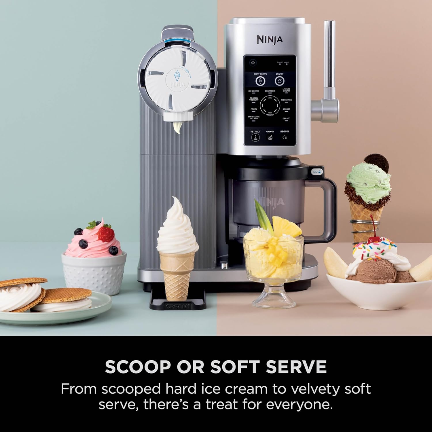 Ninja CREAMi Scoop and Swirl Soft Serve and Ice Cream Maker with 2x Tubs | 13 Functions, Makes Ice Cream, Soft Serve, Gelato, Sorbet, Milkshakes and More, Mix-In Option, Platinum Silver, NC701UK