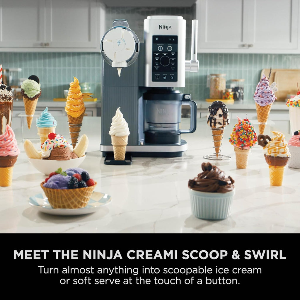 Ninja CREAMi Scoop and Swirl Soft Serve and Ice Cream Maker with 2x Tubs | 13 Functions, Makes Ice Cream, Soft Serve, Gelato, Sorbet, Milkshakes and More, Mix-In Option, Platinum Silver, NC701UK