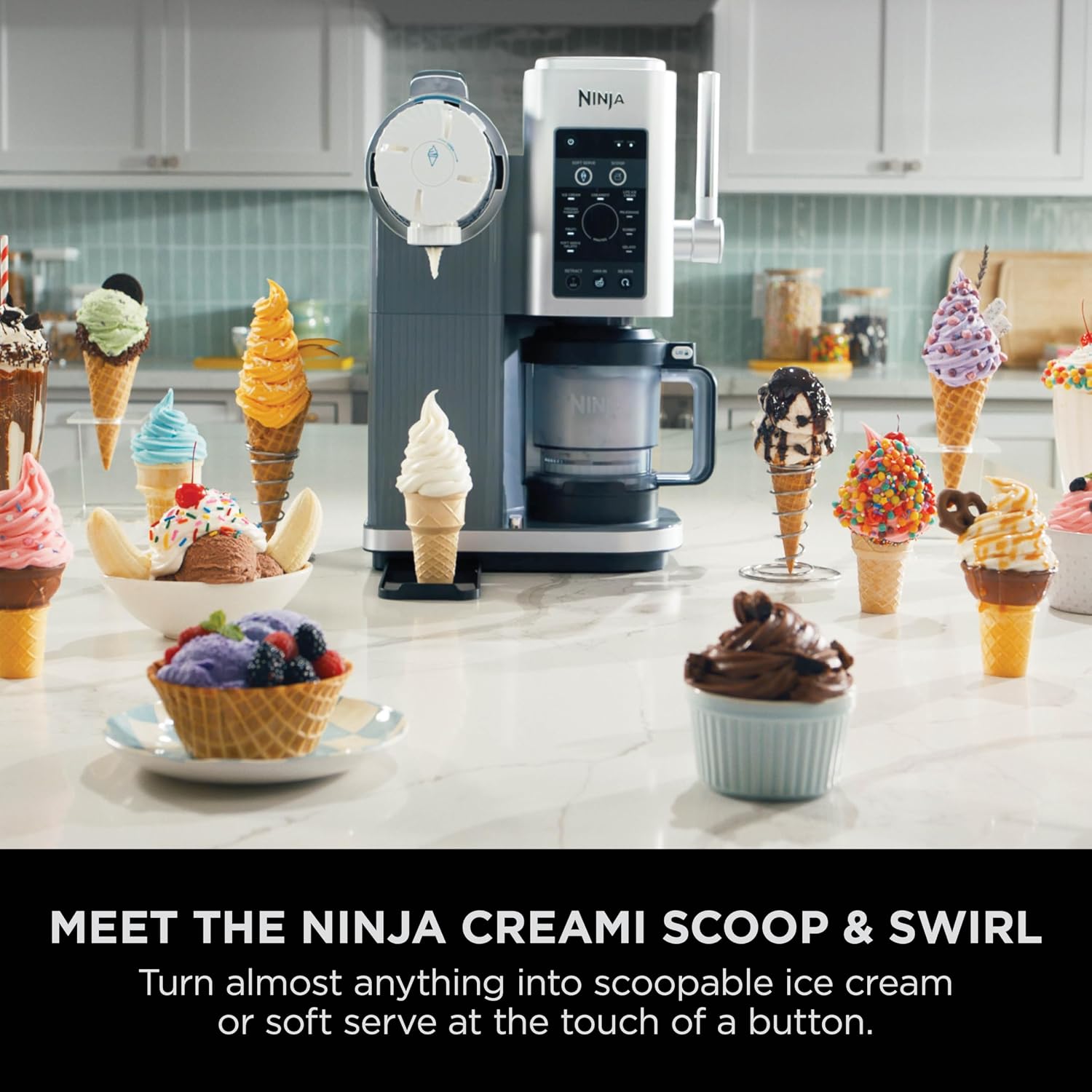 Ninja CREAMi Scoop and Swirl Soft Serve and Ice Cream Maker with 2x Tubs | 13 Functions, Makes Ice Cream, Soft Serve, Gelato, Sorbet, Milkshakes and More, Mix-In Option, Platinum Silver, NC701UK