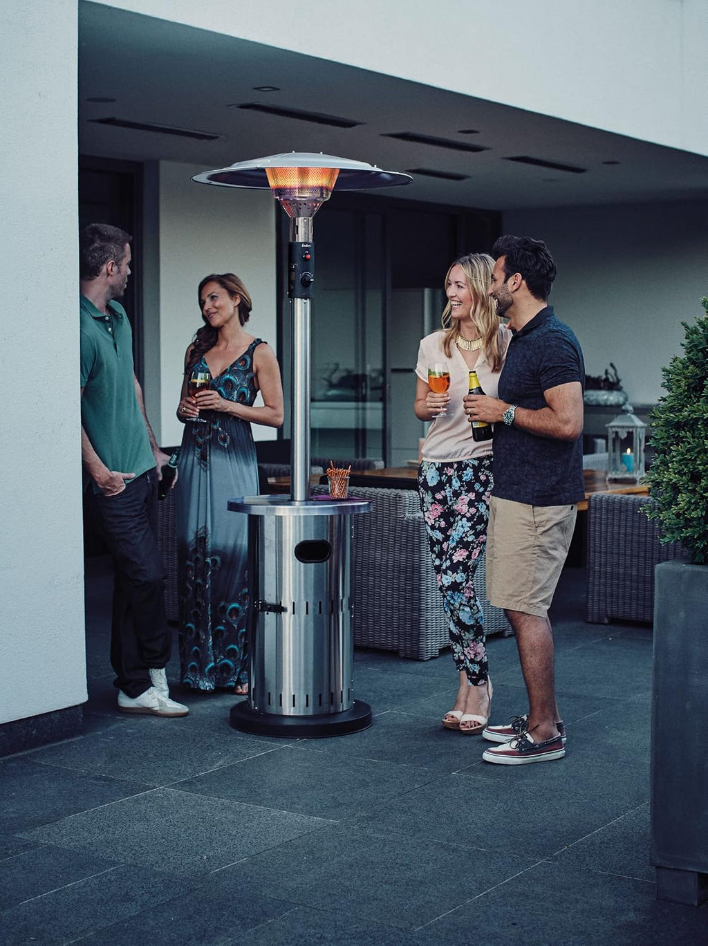 Enders® Terrassenheizer Solid Eco Green, Heizpilz mit stufenloser Regulierung, ECO-Brenner, höhenverstellbar, Transporträder, Umkippsicherung, 6kW, #5802, Edelstahlfarben