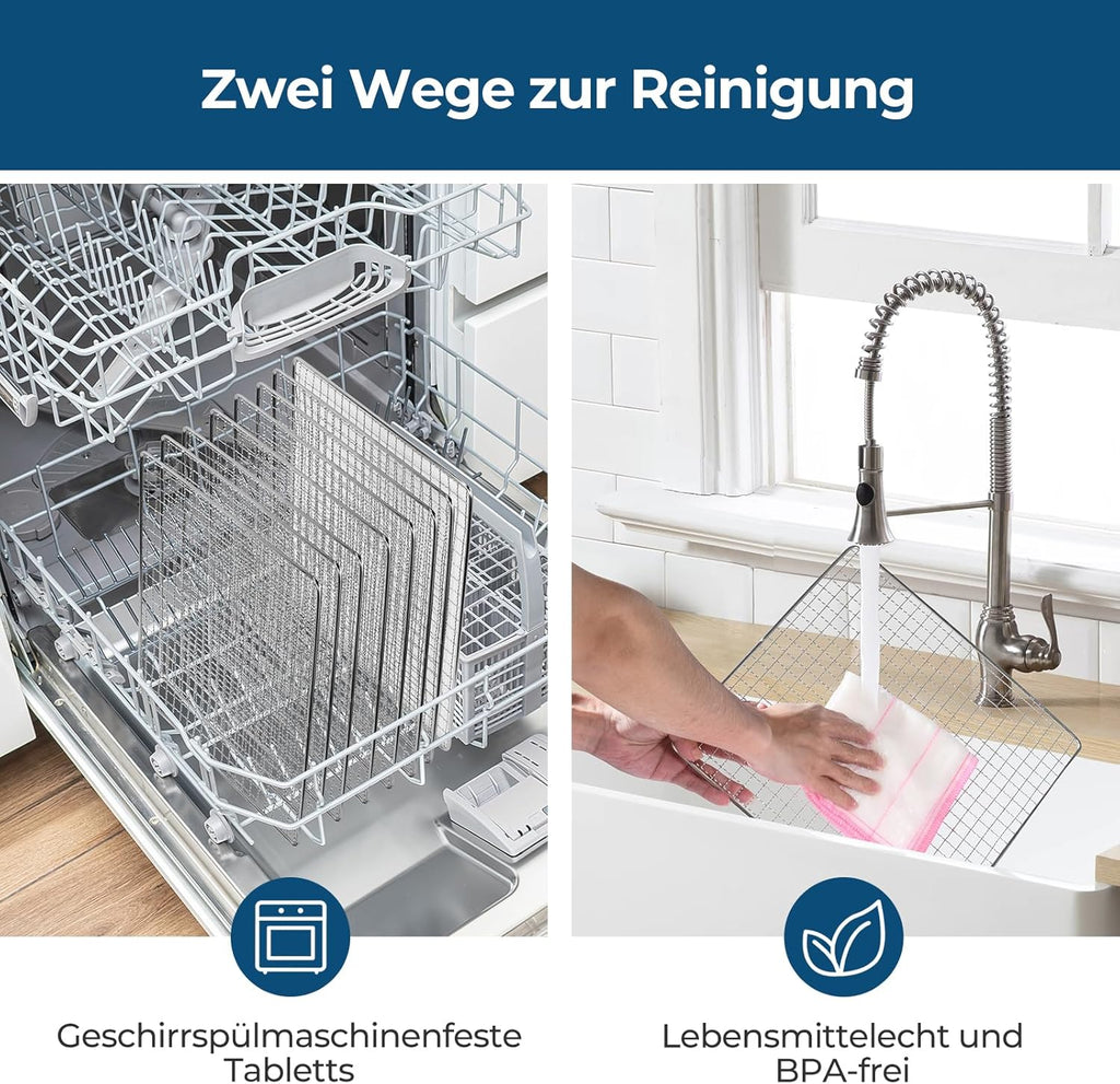 Edelstahl Dörrautomat, 1000W Dörrgerät für Obst und Gemüse mit LED-Anzeige, präziser Temperaturregelung (35-75°C), 48-Stunden-Timer, 9 Edelstahlschalen, 2 Maschensiebe, 1 Schale für Obstrolleno