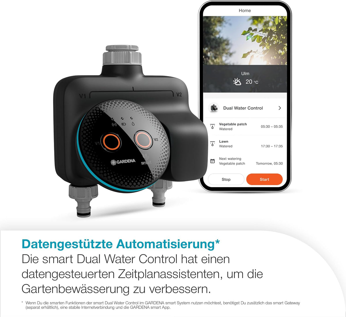 Gardena smart Dual Water Control Bewässerungssteuerung; smart: Datengesteuerte Bewässerung*, Smart Home Integration*, Für zwei unabhängige Gartenbereiche, Hochwertige Ventiltechnik (19034-20)