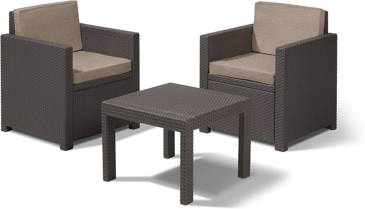Allibert by Keter Balkonmöbel Set Victoria Balcony, braun/taupe, 3tlg., inkl. Sitz- und Rückenkissen, Kunststoff, flache Rattanoptik