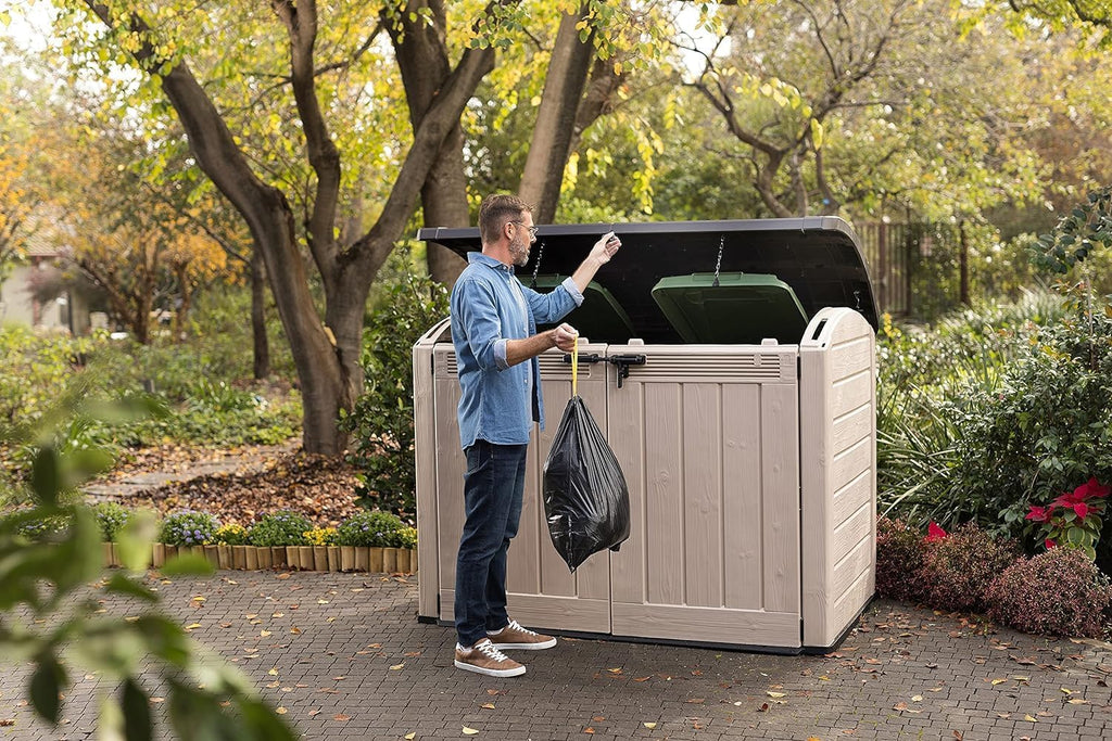 Keter Mülltonnenbox Store it Out Ultra, Holzoptik, Kunststoff, für 2X 360 Liter Mülltonnen, beige/braun