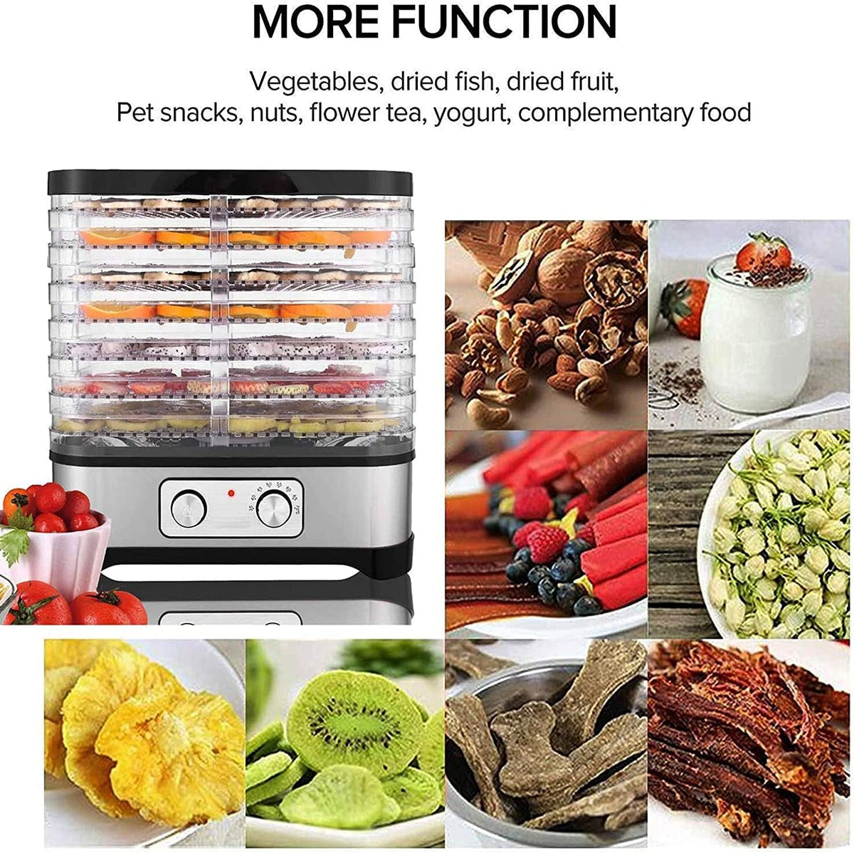 Dehydrator Dehydrator with Temperature Control, 8 Levels Removable Dehydrator, Temperature Control 35-70°C for Meat, Fruits, Vegetables and Nuts, 400 W, Button, BPA-Freeo