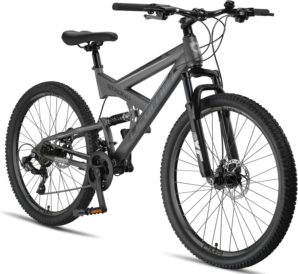 Licorne Bike Strong 2D Premium Mountainbike in 26, 27.5 und 29 Zoll Fahrrad für Jungen Mädchen Damen und Herren Scheibenbremse vorne und hinten 21 Gang Schaltung Vollfederung