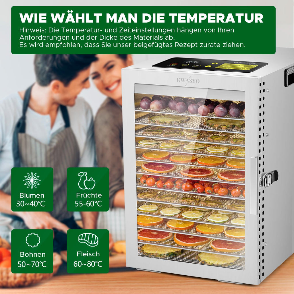 Kwasyo Dehydrator Stainless Steel, Double Fan 360° Efficient Dry, Dehydrator 12 Levels, 20-90°C Temperature Control, 24 Hour Timer, Overheating Protection, Recipe Book for Meat, Fruit, Vegetables,o