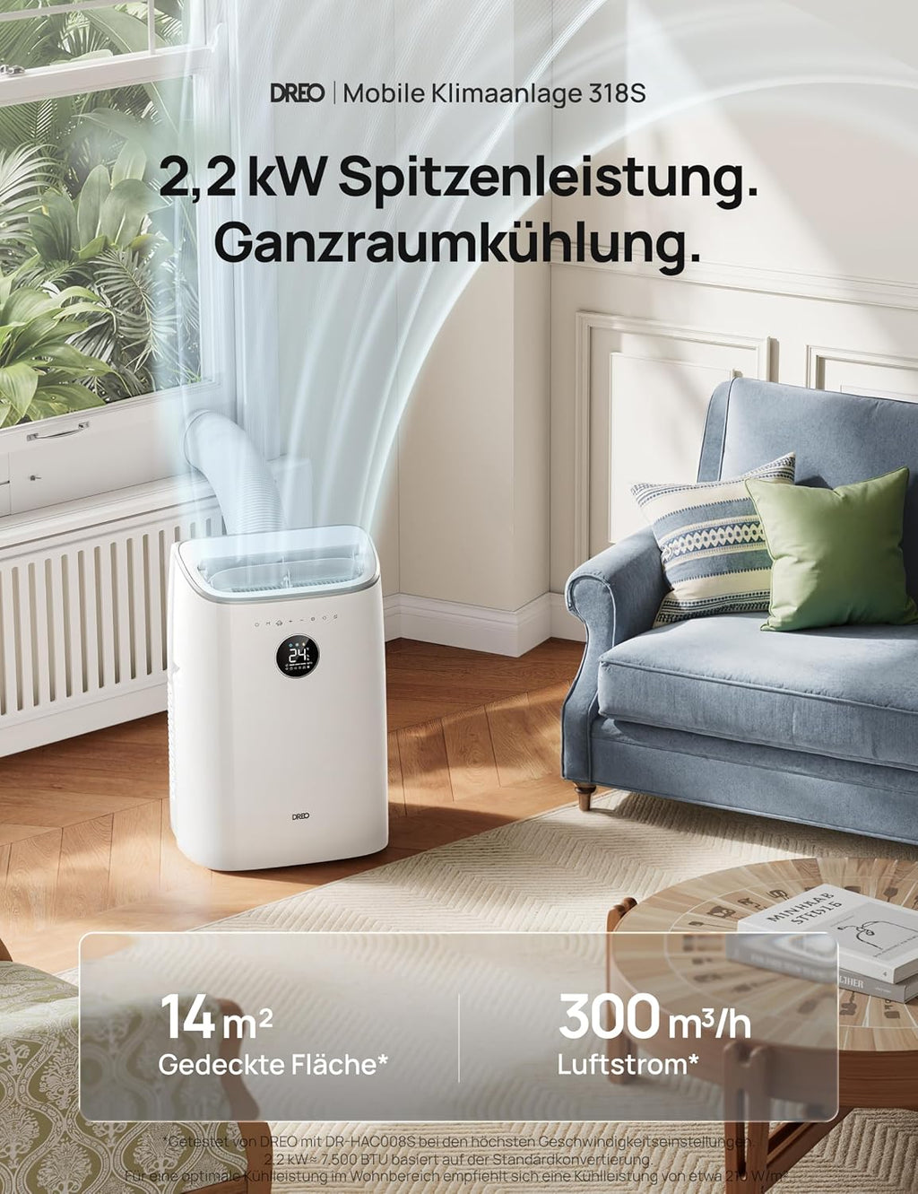 DREO Klimaanlage Mobil, 7.500 BTU Mobiles Klimagerät für Schlafzimmer & Büro, 3-in-1 Kühlen/Ventilieren/Entfeuchten, App-/Sprachsteuerung/Fernbedienung, drainagefrei, Fenster-Set, 2,5 L/h, AC318S