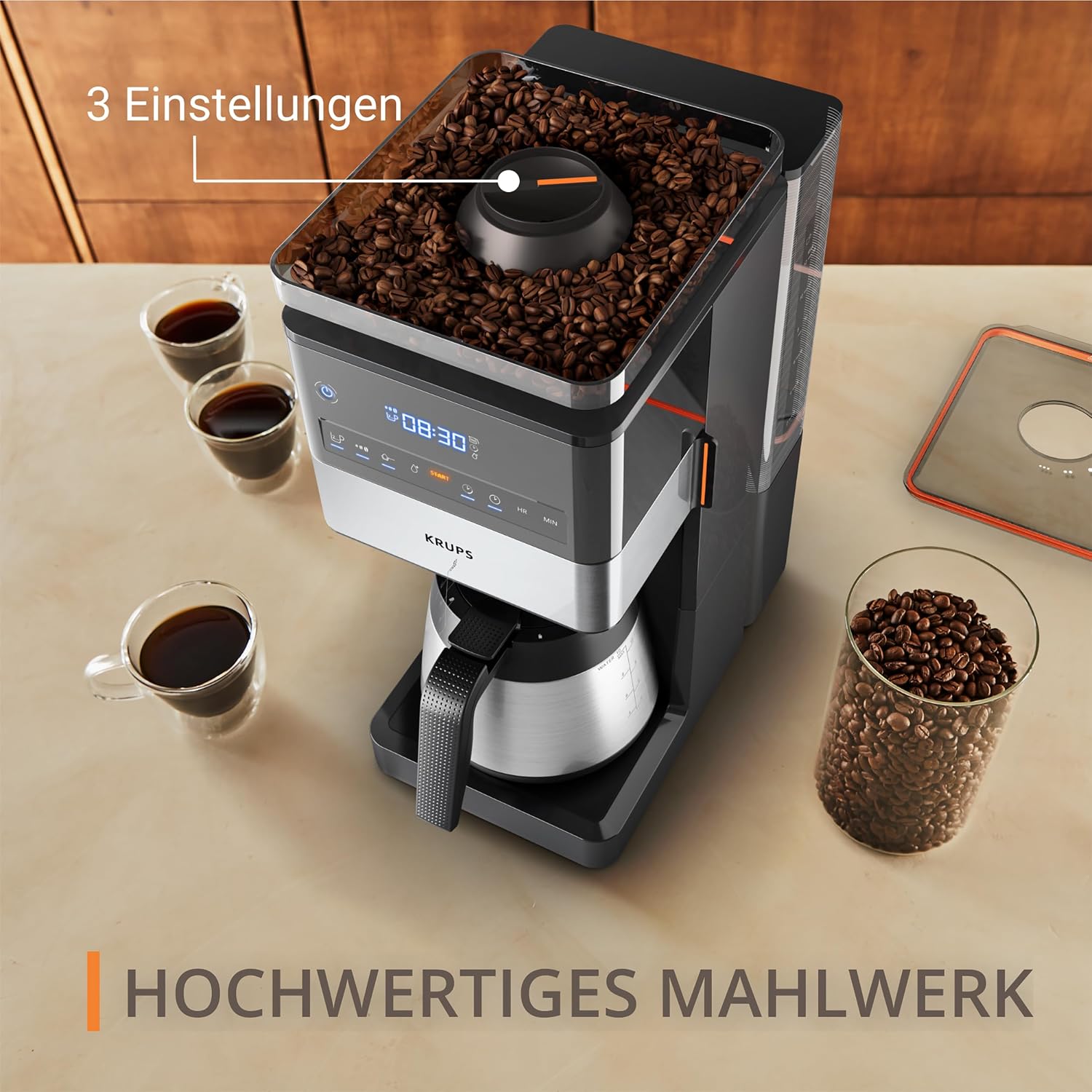 KRUPS Grind Aroma XL Filterkaffeemaschine, abnehmbares Kegelmahlwerk, digitales Bedienfeld, XL-Fassungsvermögen (1,25 L), Edelstahl-Thermoskanne, Schwarz/Edelstahl, KT842810