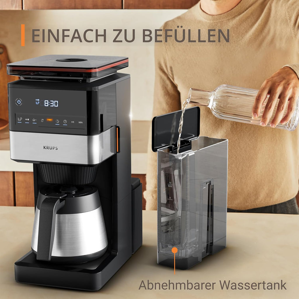 KRUPS Grind Aroma XL Filterkaffeemaschine, abnehmbares Kegelmahlwerk, digitales Bedienfeld, XL-Fassungsvermögen (1,25 L), Edelstahl-Thermoskanne, Schwarz/Edelstahl, KT842810