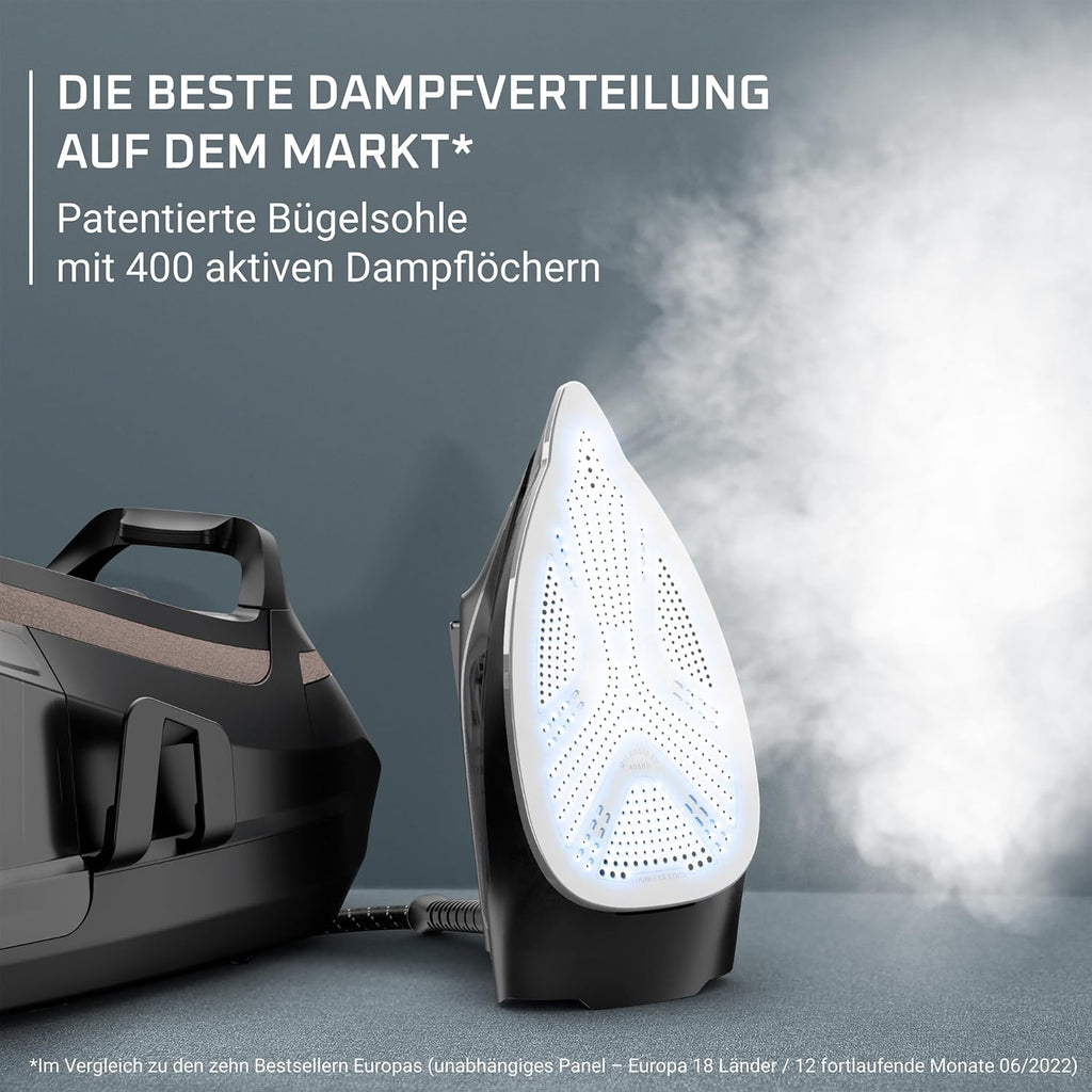 Rowenta Eco Steam Pro Dampfbügelstation, 2800 Watt, 8 bar Dampfdruck, 580 g/Min. Dampfstoß, 150 g/Min. kontinuierliche Dampfabgabe, Eco-Modus, 5 Einstellungen, 1,3l Wassertank, schwarz/beige, DG9640F0
