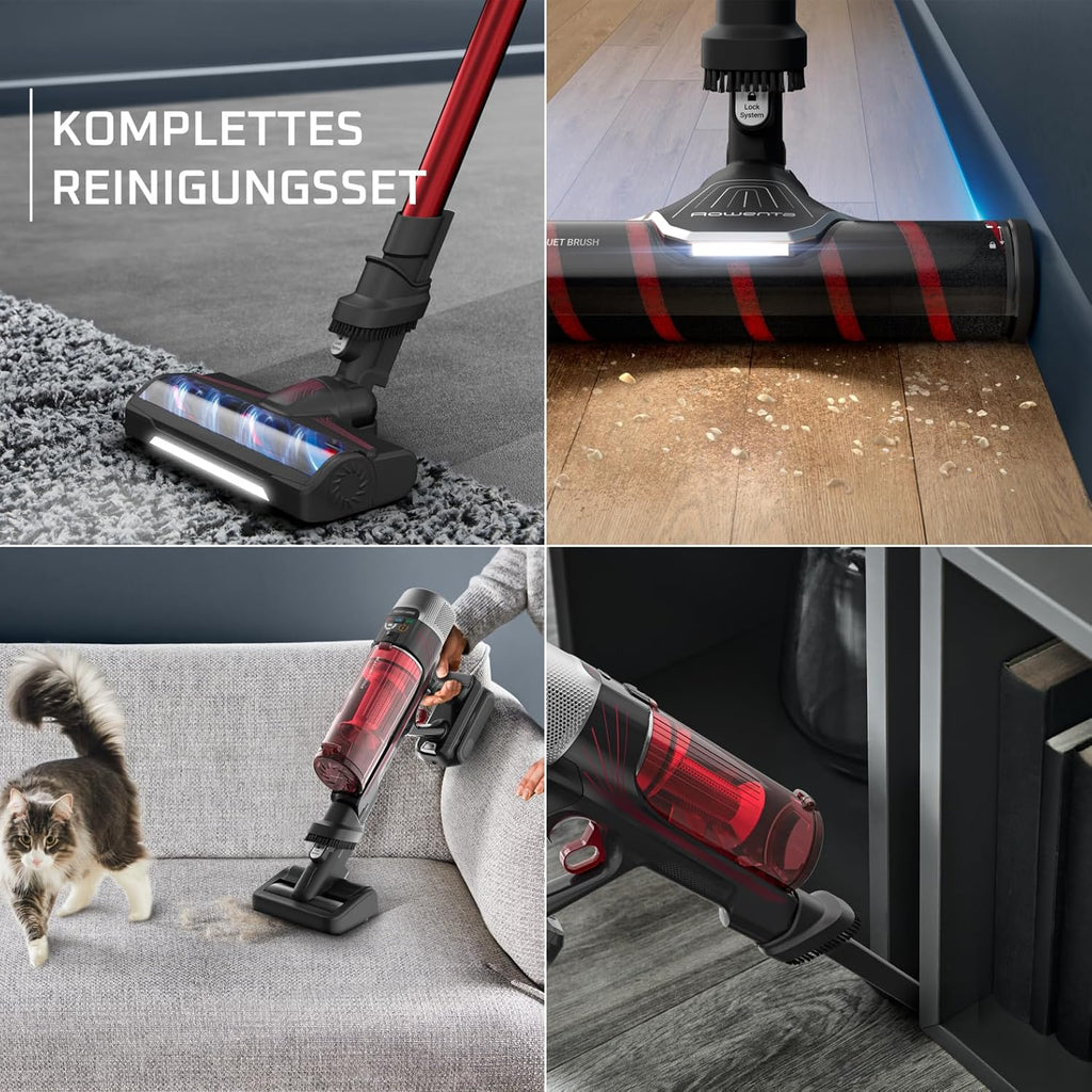 Rowenta X-Force Flex 9.60 Complete, Akku Stab-Staubsauger, tiefenreinigende Kraft, Akku Staubsauger mit 100 AW, vollständiges Reinigungsset, LED-Leuchten, kabellos, langlebiger Akku, rot, RH2099WO