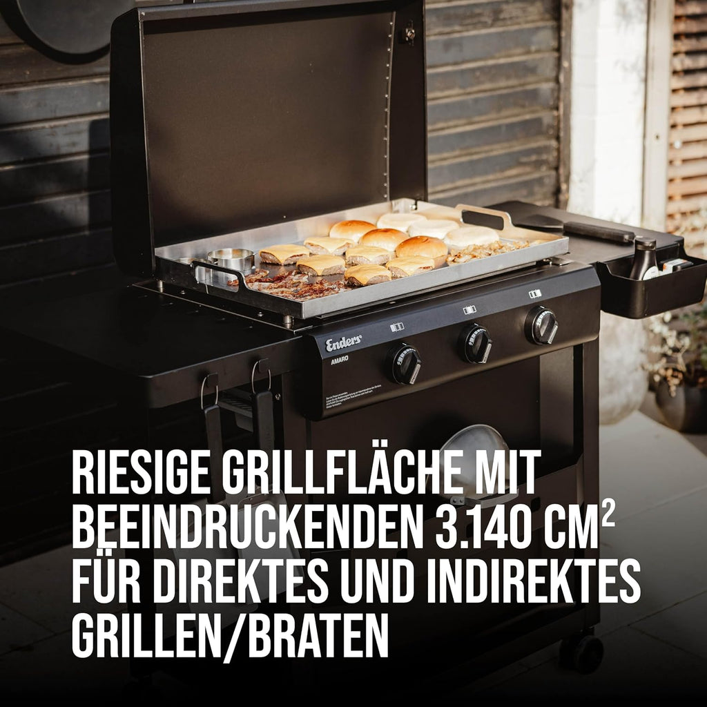 Enders AMARO 3 Plancha Gasgrill Griddle, 3 Edelstahlbrenner, massive Edelstahl-Plancha mit Tragegriffen, große Grillfläche, abnehmbare Haube, 4 Haken, abnehmbare Körbe, Ablagefach #82216