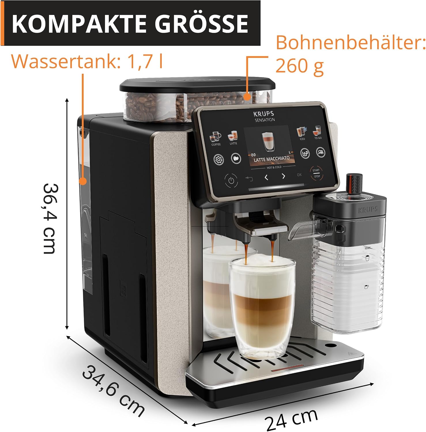 KRUPS Sensation Elite Kaffeevollautomat, 24 Heiß- und Kaltgetränke 2,8-Zoll-Bildschirm, Milk Maestro Technologie, Cold Brew Aroma Technologie, individualisierbare Favoriten, EA917EE0
