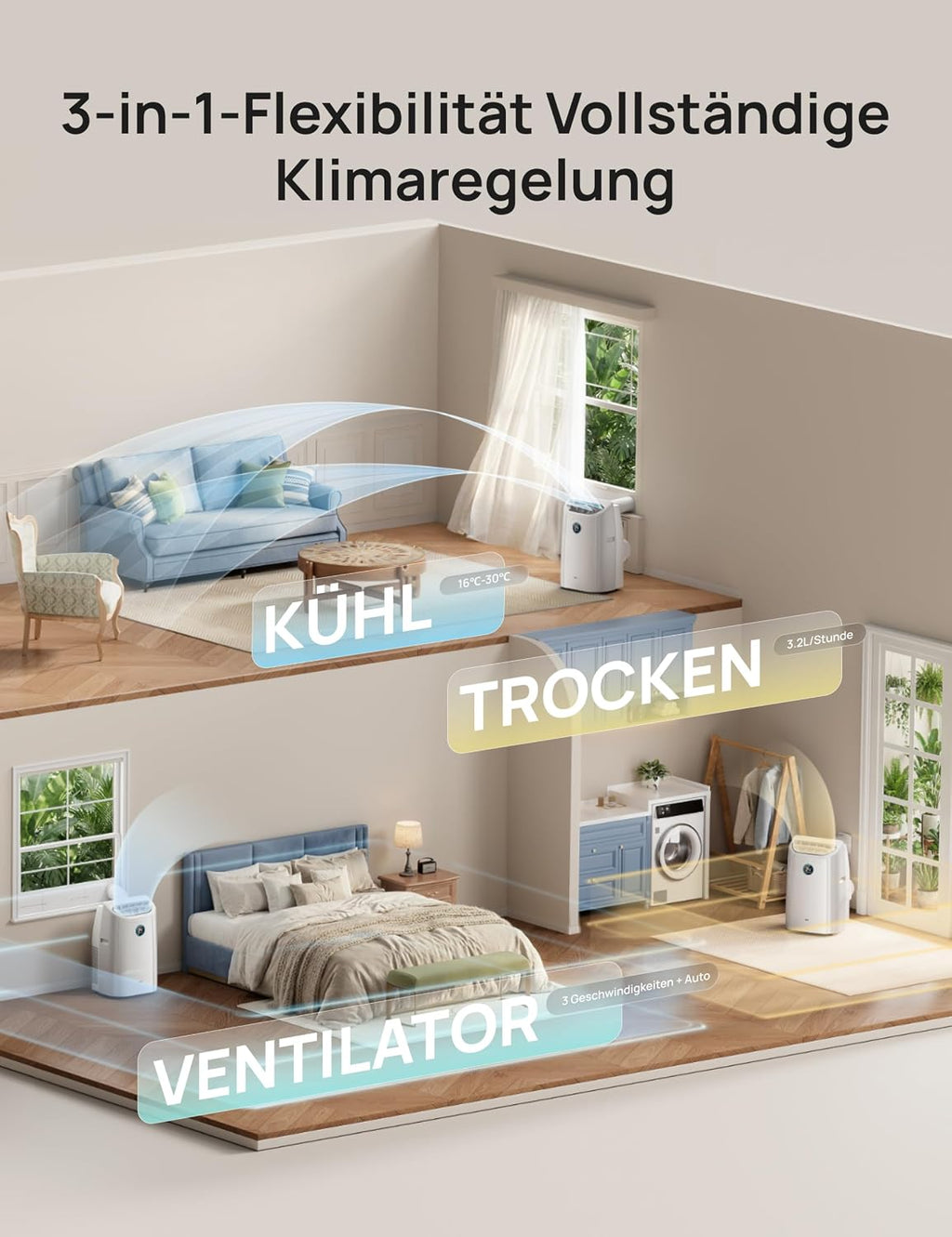 DREO Klimaanlage Mobil, 10.000 BTU Tragbares Klimagerät für Schlafzimmer, 3-in-1 Kühlen/Ventilieren/Entfeuchten, drainagefreie Kühlung, App-/Sprachsteuerung/Fernbedienung, 24h-Timer, AC515S