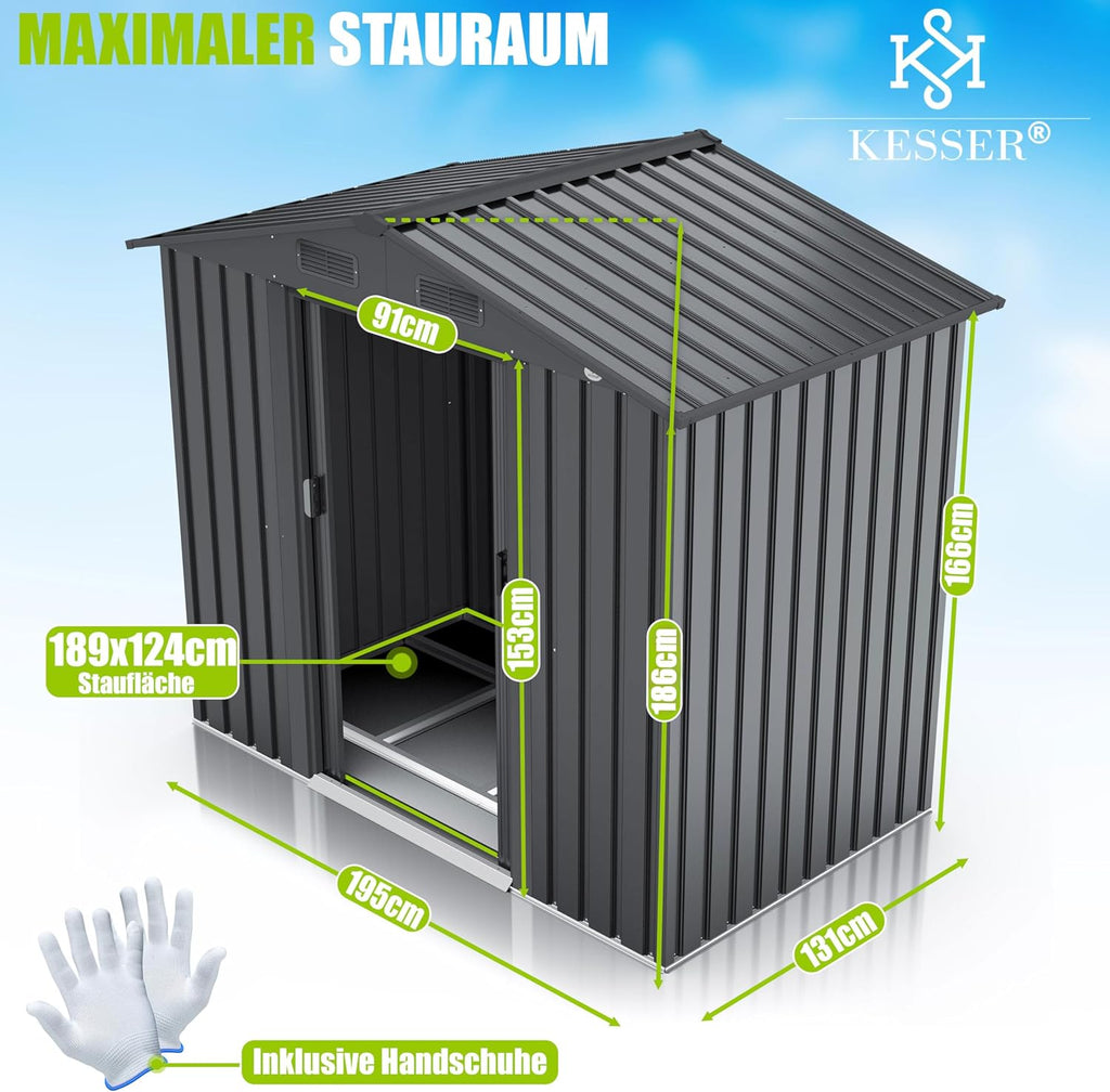 KESSER® XL Metall Gerätehaus 4,2m³ mit Fundament | Inkl. Arbeitshandschuhe | 195x131x186cm | 2X Schiebetür & Fundament | Geräteschuppen | Gartenhaus Schrank | Satteldachdach Garten Schuppen Anthrazit