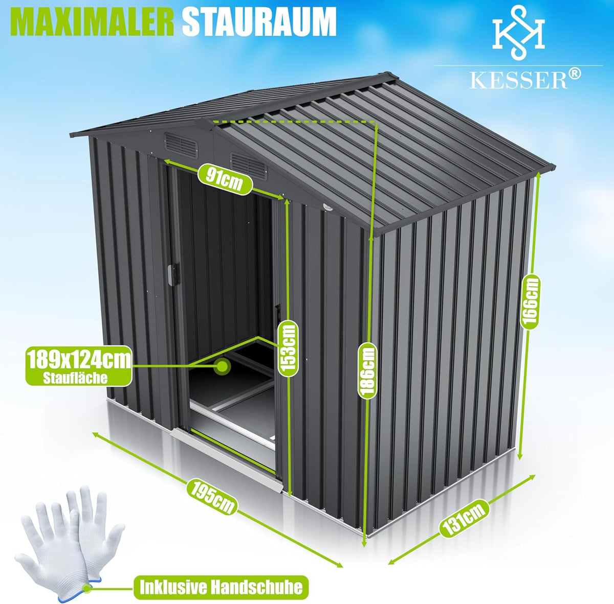 KESSER® XL Metall Gerätehaus 4,2m³ mit Fundament | Inkl. Arbeitshandschuhe | 195x131x186cm | 2X Schiebetür & Fundament | Geräteschuppen | Gartenhaus Schrank | Satteldachdach Garten Schuppen Anthrazit