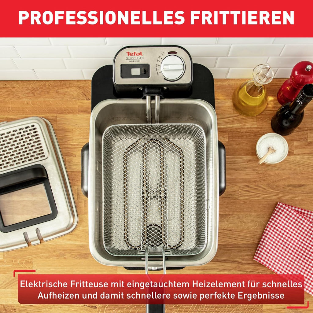 Tefal Oleoclean Pro Fryer 3.5 L for Crispy Chips, 2300 W Stainless Steel Fryer with Oil Filter, Removable Oil Container 1.2 kg, Timer & Thermostat, Dishwasher Safe, Black/Stainless Steel