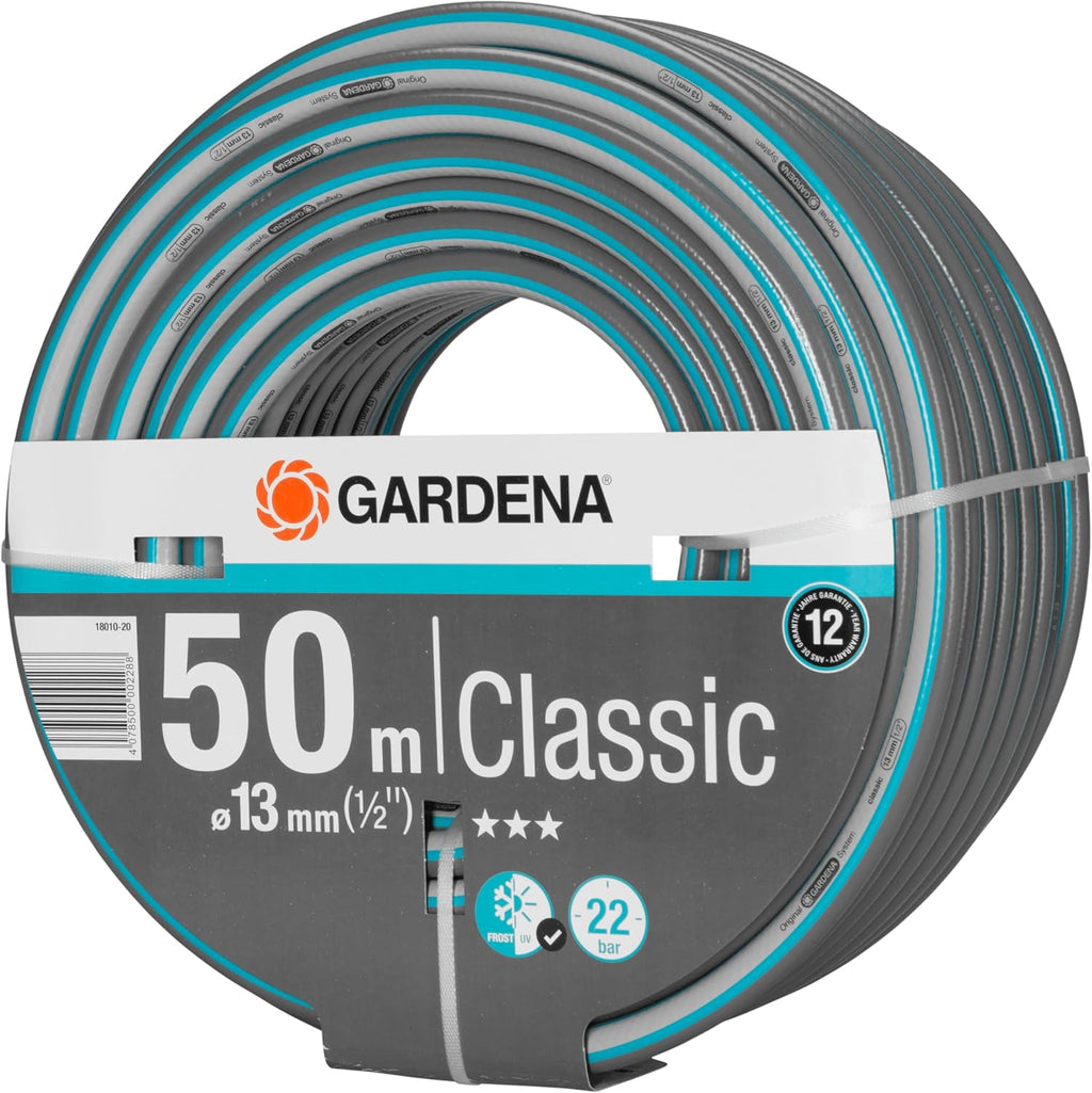 Gardena Classic Schlauch 13 mm (1/2 Zoll), 50 m ohne systemteile: Universeller Gartenschlauch aus robustem Kreuzgewebe, 22 bar Berstdruck, druck- und UV-beständig (18010-20), grau/blau