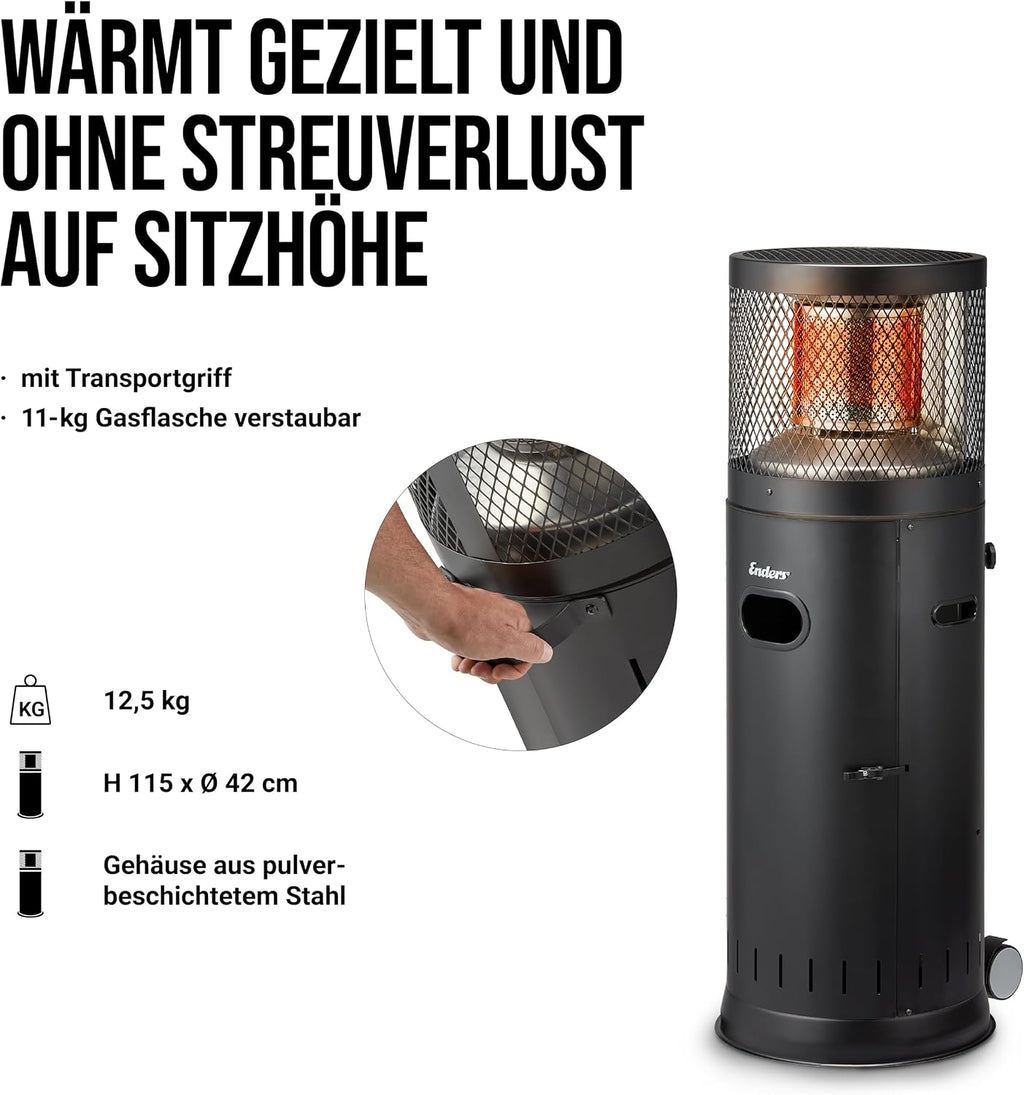 Enders® Terrassenheizer Polo Black 2.0, Gas-Heizstrahler, Terrassenstrahler mit stufenloser Regulierung 3-6kW, Edelstahlbrenner, ENDUR Reflexionssystem, Transporträder, Umkippsicherung, schwarz #5462