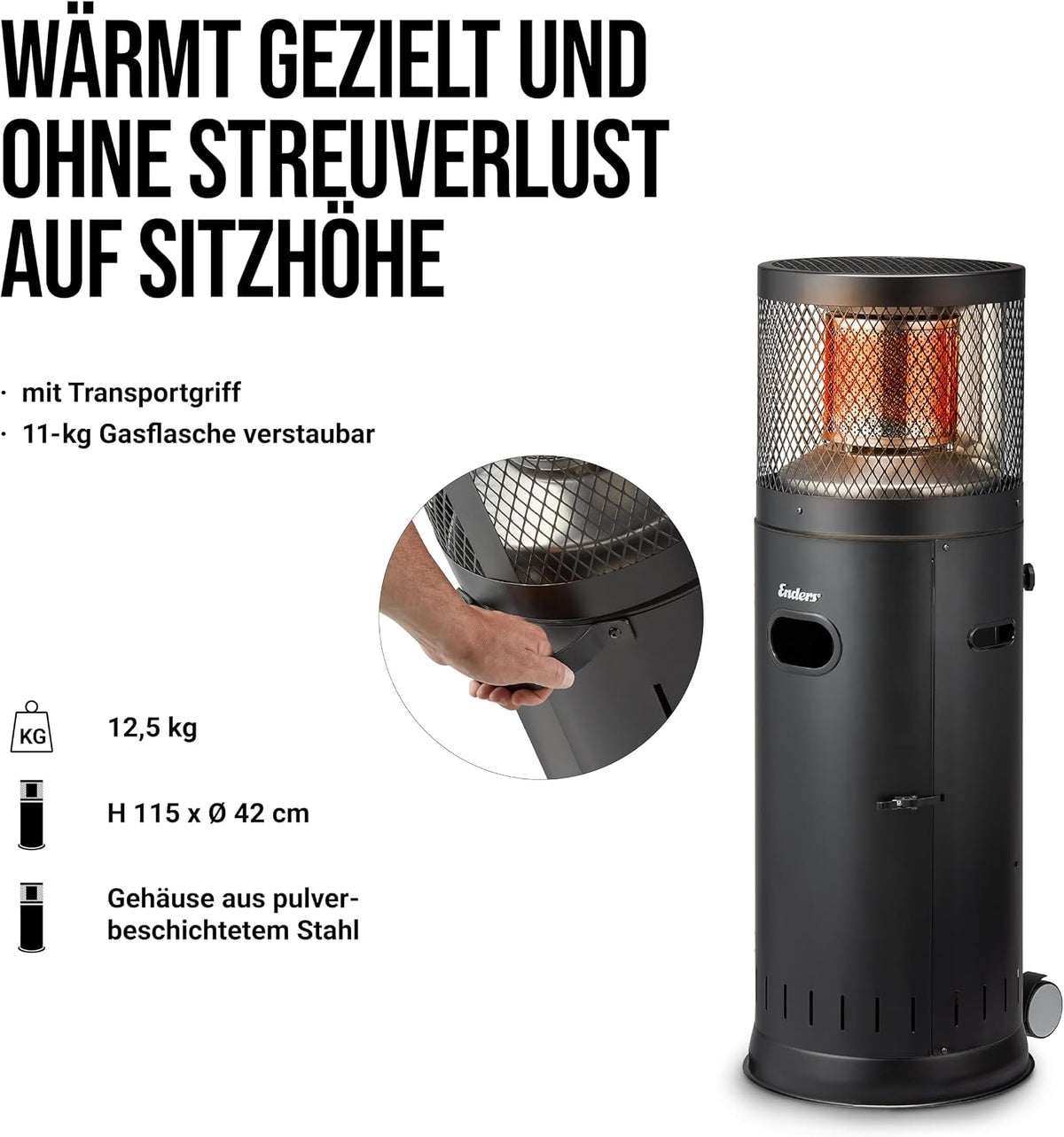 Enders® Terrassenheizer Polo Black 2.0, Gas-Heizstrahler, Terrassenstrahler mit stufenloser Regulierung 3-6kW, Edelstahlbrenner, ENDUR Reflexionssystem, Transporträder, Umkippsicherung, schwarz #5462